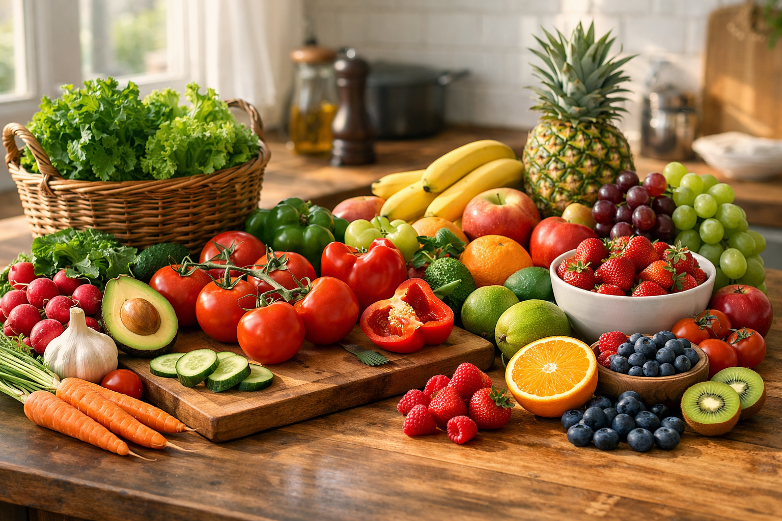 Fresh vegetables and fruits arranged on a wooden kitchen counter with natural morning light, healthy eating concept, realistic food photography style