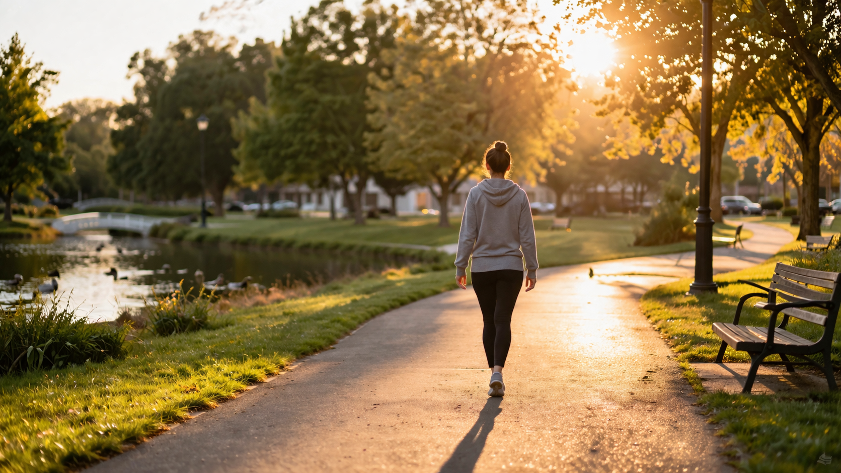 Person walking in a peaceful park setting during golden hour, gentle outdoor exercise, serene atmosphere, lifestyle photography